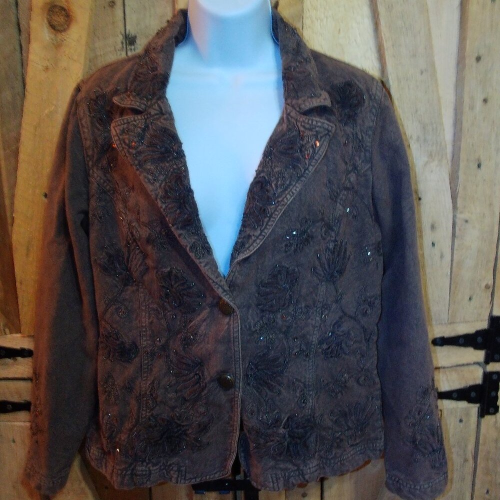 Ladies Coldwater Creek Size 12 Beaded Cotton Jacket- Brown